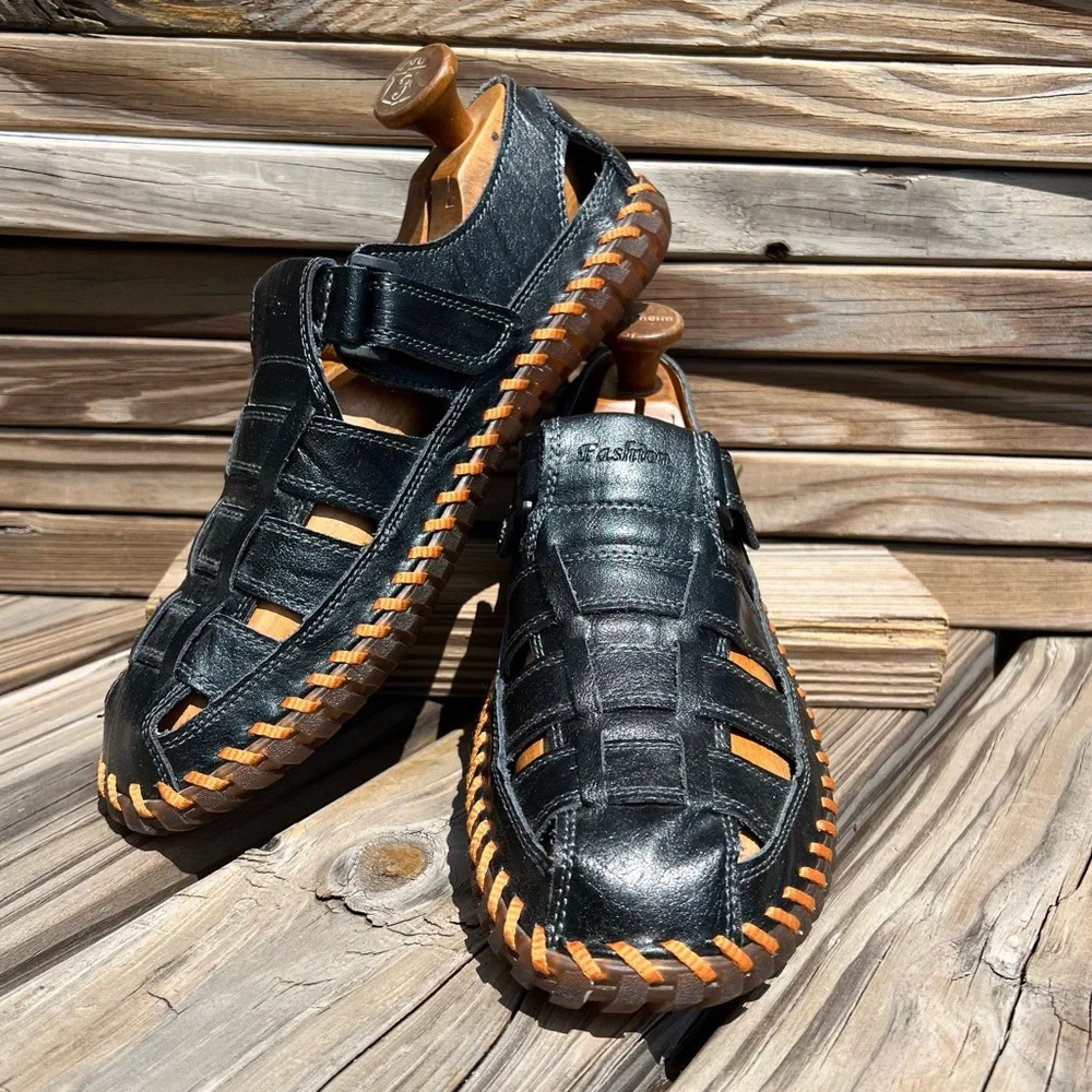 - Black Leather Sz 10 Fisherman Sandals! NEW!